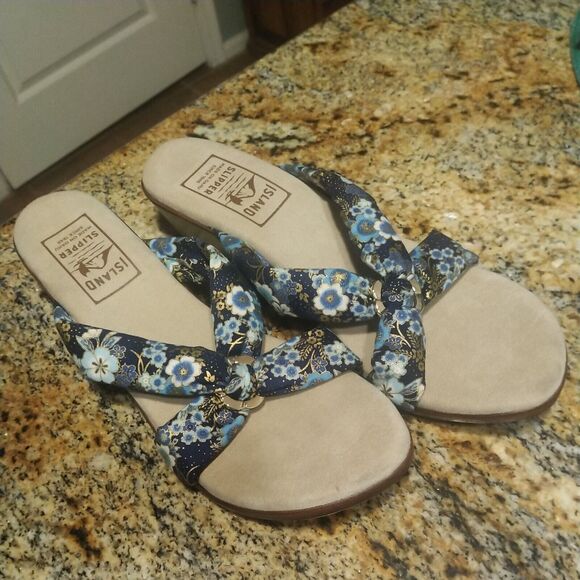 Women's US 11 Blue Island Slipper Suade Thong Wedge Sandals Floral Fabric Slide - Picture 1 of 10